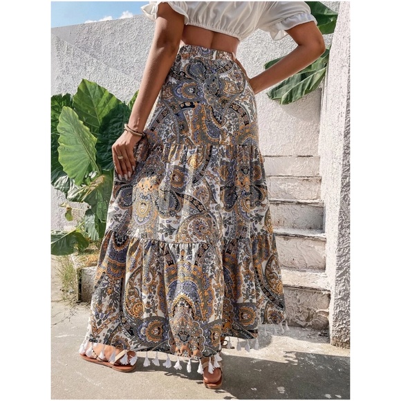 Paisley Print Tassel Hem Maxi Skirt - Picture 6 of 10